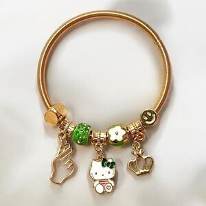 Hello Kitty Green Smiley Face Crown Love Sign Gold Tone Stretch Charm Bracelet